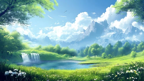 Luminous alpine valley with lake, waterfall, and distant peaks.