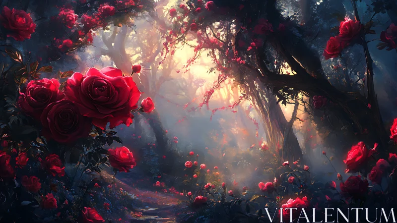 Luminescent rose forest with cinematic backlit atmosphere.