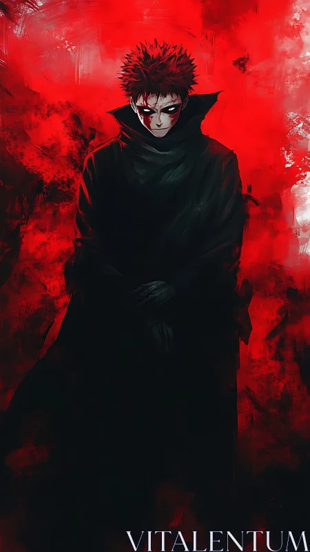 Dark-eyed anime antihero stands in blazing crimson haze.