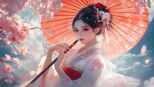 Digital painting of kimono-clad woman beneath sakura canopy.