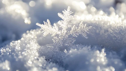 Lone crystal snowflake crowns a sunlit winter pillow.