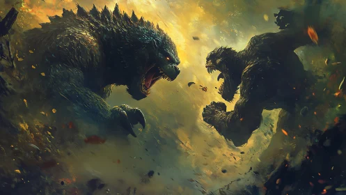 Titan monsters clash amid firestorm and fractured earth.