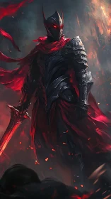 Dark knight stands over smoldering battlefield in crimson armor