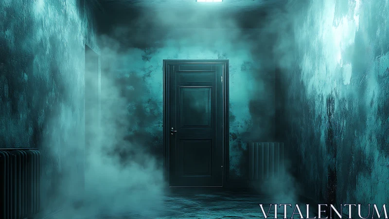 Closed dark door in fog filled narrow corridor at night.