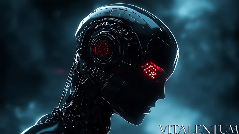 Cyborg head rendered in profile against diffuse blue background