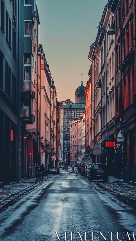 Quiet city street glows gently under a soft winter sunrise