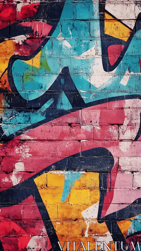 Vibrant multicolor graffiti abstraction on distressed brick wall