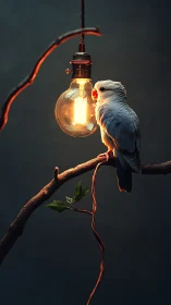 Parrot rests beside glowing bulb on twilight branch.