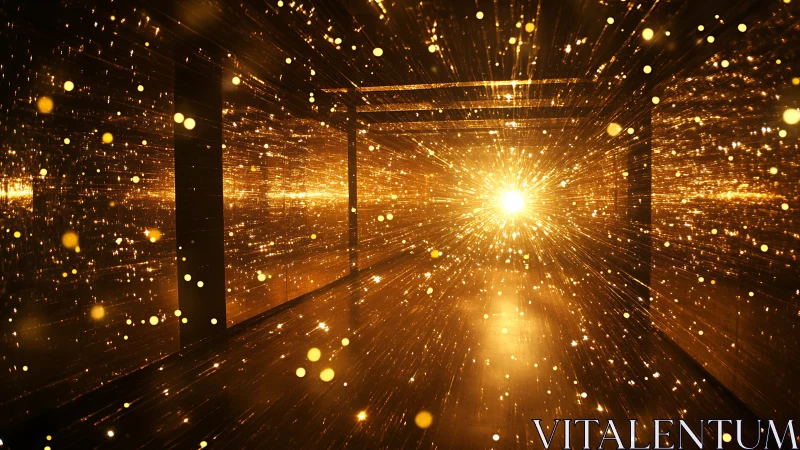 Golden light corridor with glowing particles in motion.