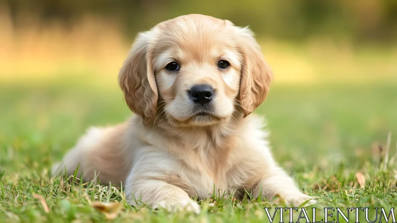 Gentle golden retriever puppy relaxes on soft green grass