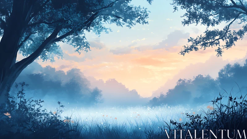 Dawn mist diffuses light across a tranquil forest meadow