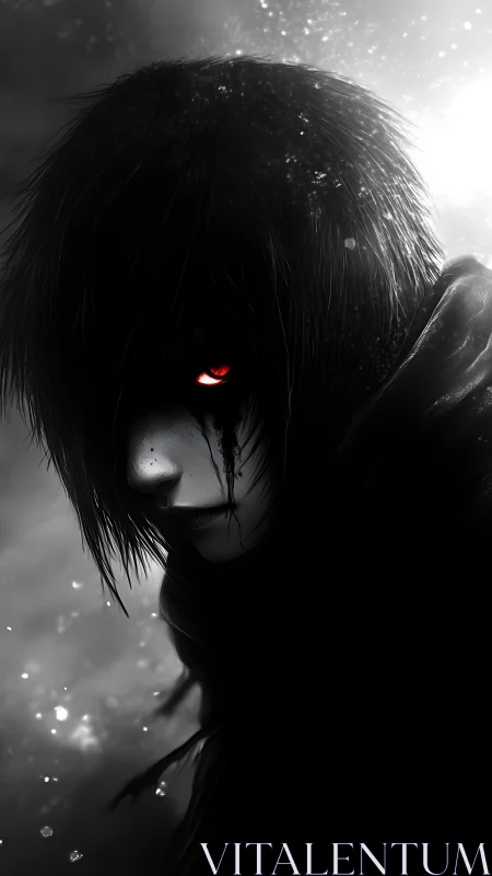 Monochrome profile of hooded figure with single red eye.