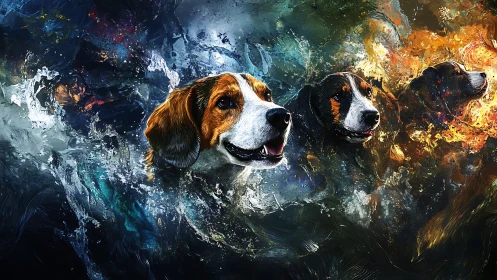 Triumphant hounds surge through swirling elemental colors.