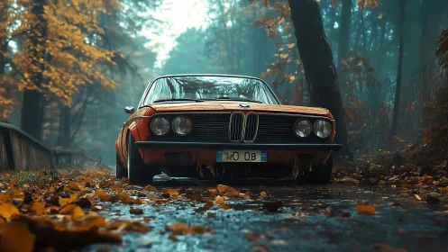 Classic BMW coupe stands on wet forest road in autumn fog