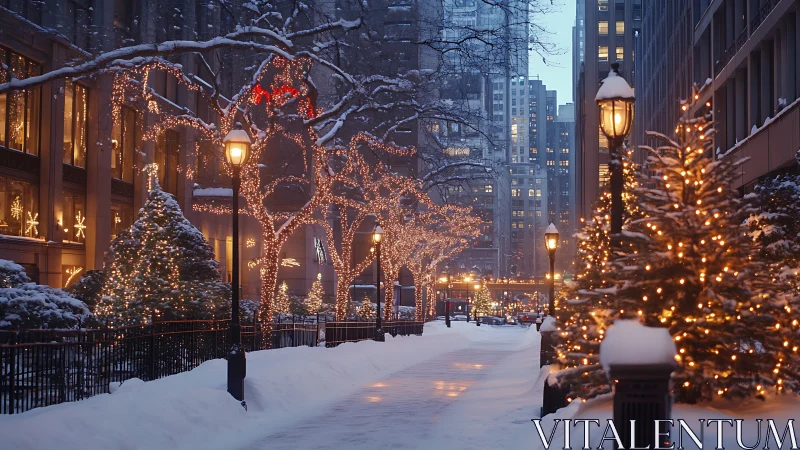 Snowy city street glows with festive winter lights at dusk.
