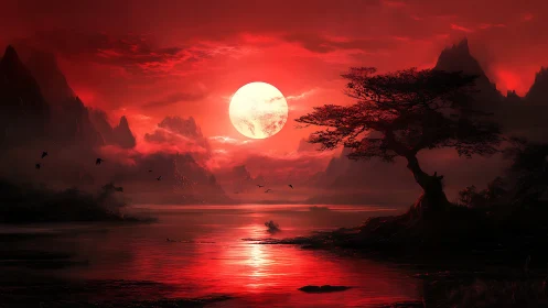 Crimson exoplanet sunrise over misted mountains and lake