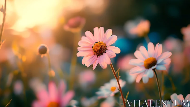 Pink Daisies Glowing in Golden Sunlight.