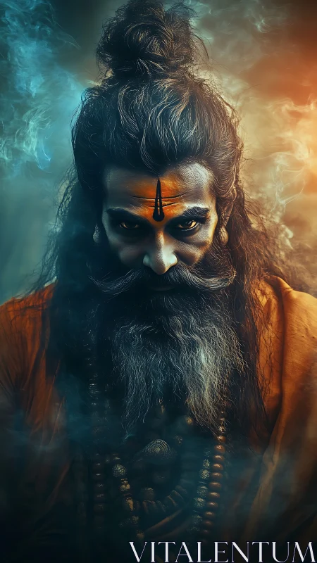 Mystical holy man emerging from swirling sacred smoke.