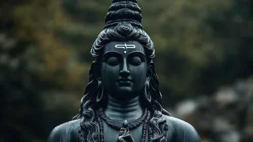 Shiva statue rendered in dark stone with soft depth of field