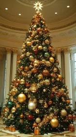 Grand Christmas tree glows under ornate domed ceiling