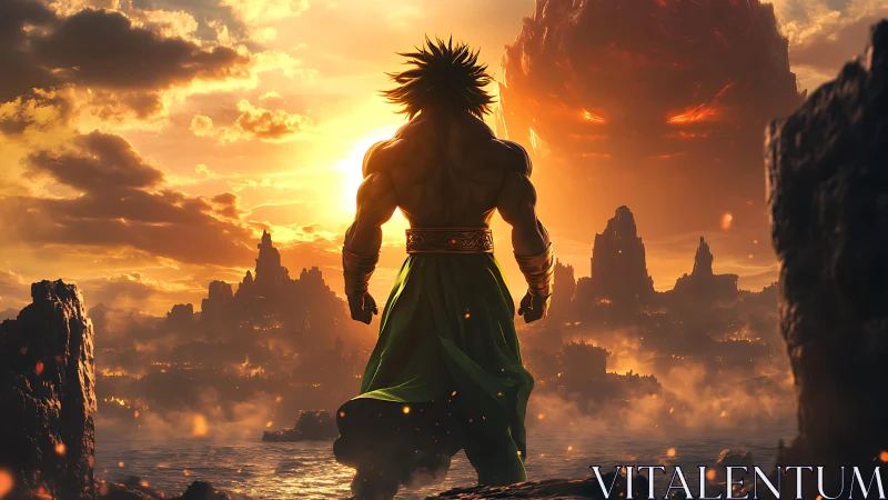 Warrior confronts colossal fiery entity over misty ruins