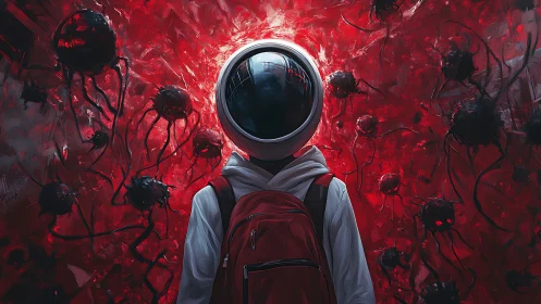 Isolated backpacked figure in reflective helmet amid red swarm