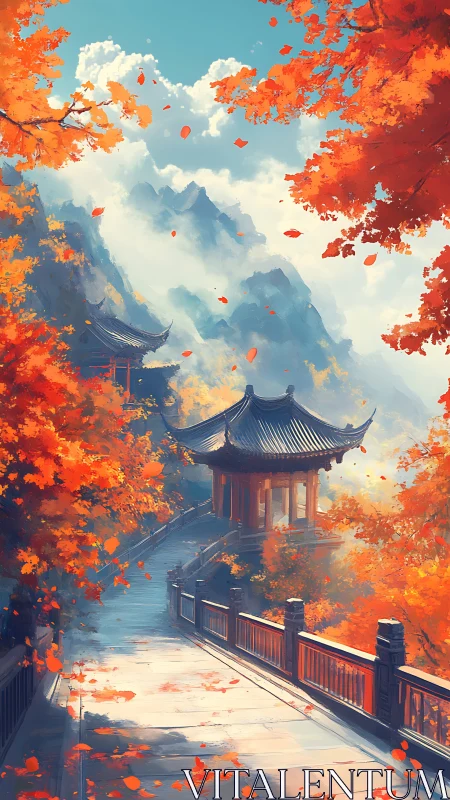Mountain temple pavilion in vivid autumn forest landscape.