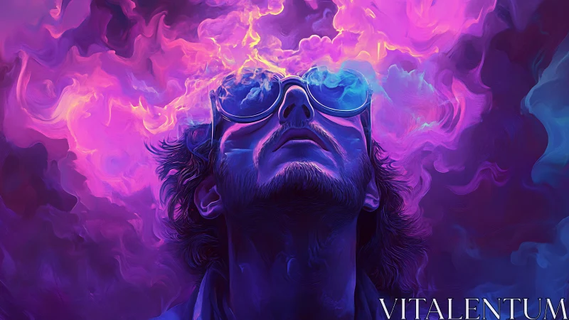 Chromatic vapor hallucination over reflective neon eyewear.