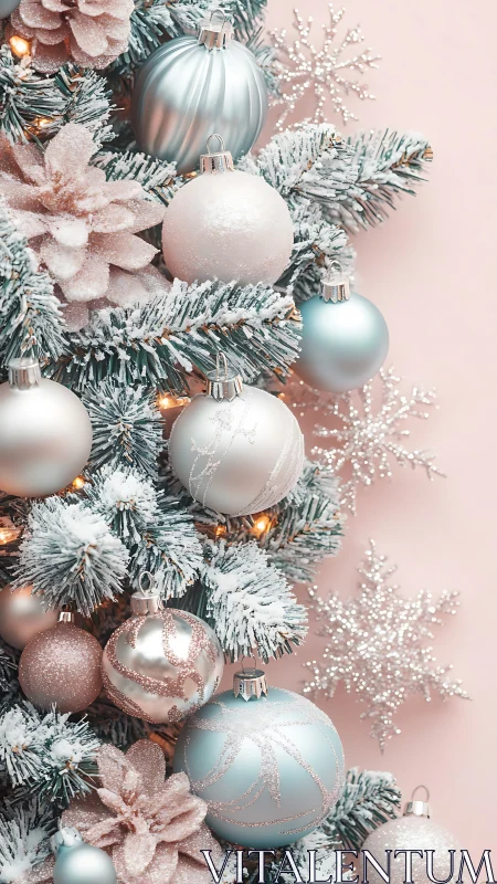 Frosted ornaments hang on a decorated artificial fir branch