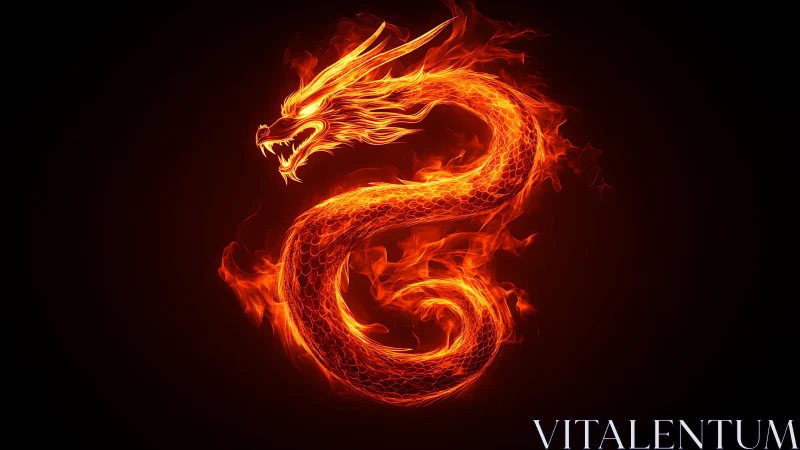 Fiery serpentine dragon silhouette on black background.