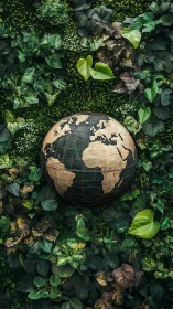 Topographic globe embedded in dense botanical foliage wall.