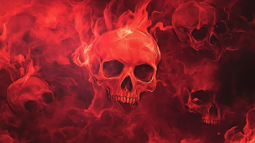 Flaming red skulls emerging from swirling dark smoke.