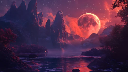 Lunar-Backlit Alien Mountains over Crimson Mist Lake.
