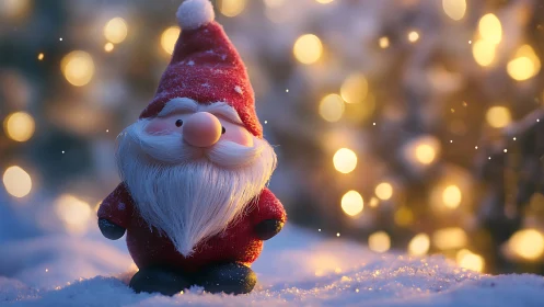 Small Santa figurine on snow with defocused festive lights.