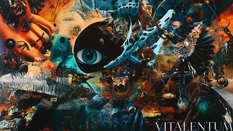 Surreal ocular vortex amid biomechanical avian and molten forms