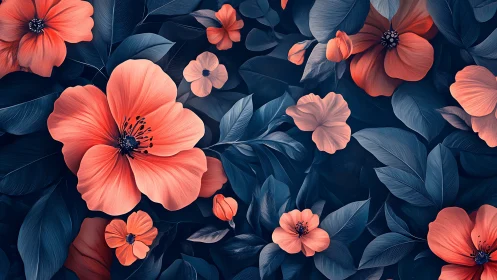 Coral Poppies and Navy Foliage in Digital Botanical Illustration