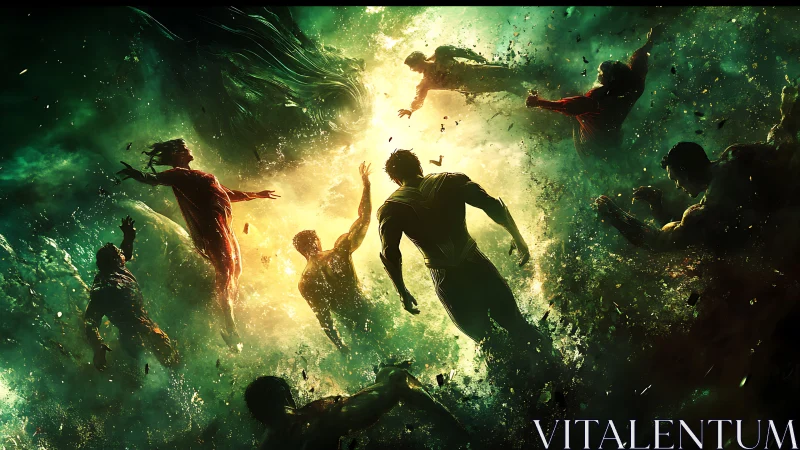 Superhuman figures spiral toward radiant cosmic vortex