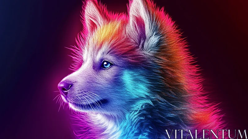 Neon husky pup gazes ahead in a vibrant rainbow glow