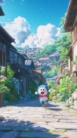 Anime robot mascot in sunlit stone alley of hillside village