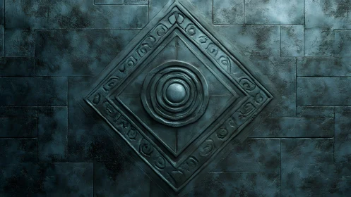 Ancient stone wall with embossed geometric symbol in dark tones.