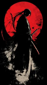 Silhouetted samurai stands before blood-red sun in chiaroscuro