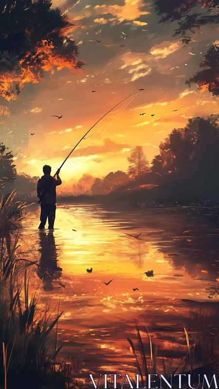 Lone angler casts line across glowing sunset river