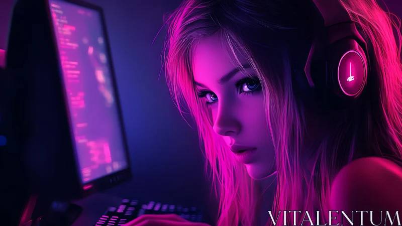 Neon-lit gamer girl coding at desktop in magenta glow.