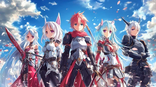 Armored anime warriors stand under blue sky with petals falling