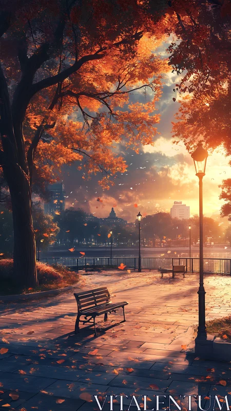 Golden dusk leans gently over a quiet riverside bench