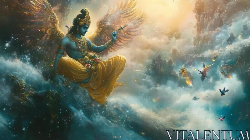 Celestial blue deity drifting through sunlit cloud kingdoms.