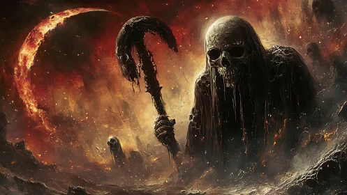 Skeletal reaper figure in fiery desolate landscape at dusk.