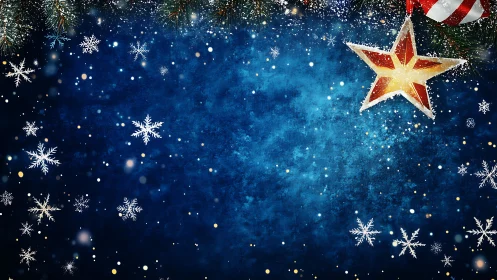 Christmas star ornament hangs over blue snowy background