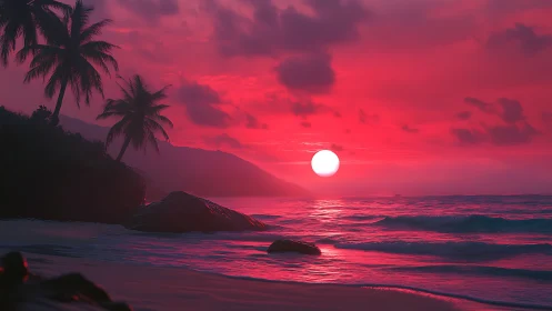 Dreamy pink tropical sunset over gentle ocean waves.