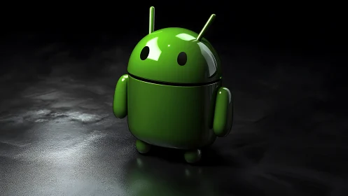 Glossy green android mascot on dark reflective surface.